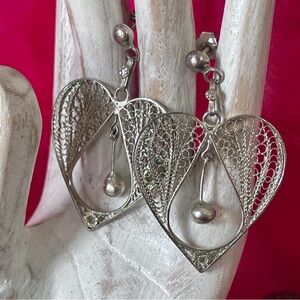 Vintage Sterling Silver Filigree Heart Drop Earrings